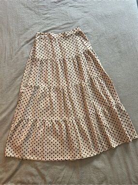 Statement Polka Dot Tiered Midi Skirt - Beige with Black Dots-Linen and Cotton